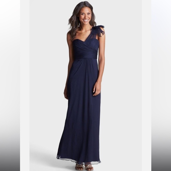 Amsale Size 4 Silk Navy Blue One Shoulder Maxi Formal Gown Prom Bridesmaid Dress - Picture 1 of 5